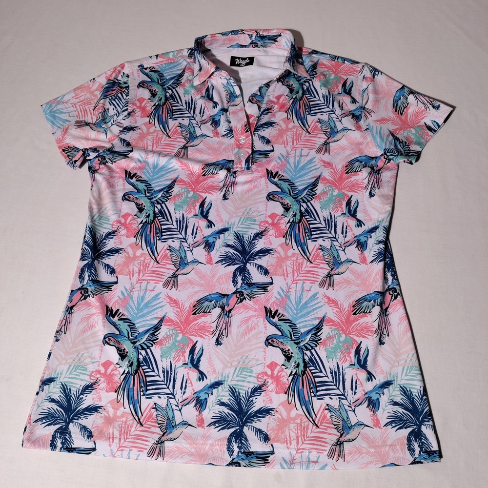 Waggle Womens Tropical Parrot Palm Print Golf Polo Shirt Pink Blue Size L